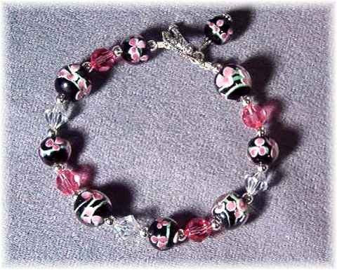 Black & Pink Lampwork & Swarovski Crystal Bracelet