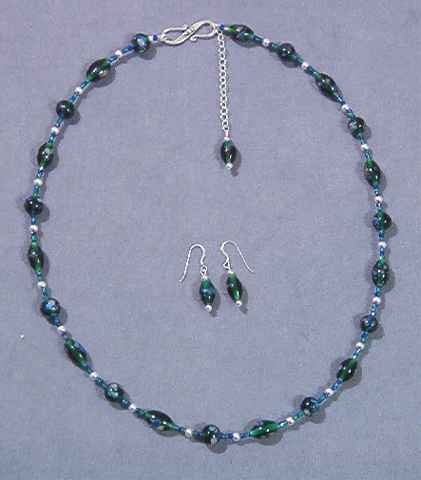 Adjustable Green & Blue Necklace & Earrings Set - Lampwork & Silver