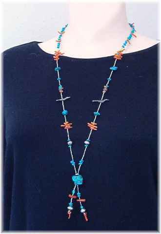 Turquoise Coral & Sterling Silver Necklace Lariat Style