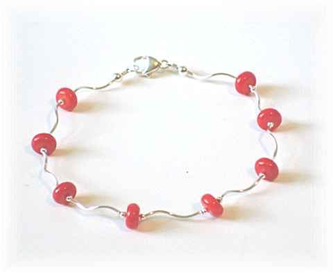 Coral & Wavy Sterling Silver Bracelet or Anklet