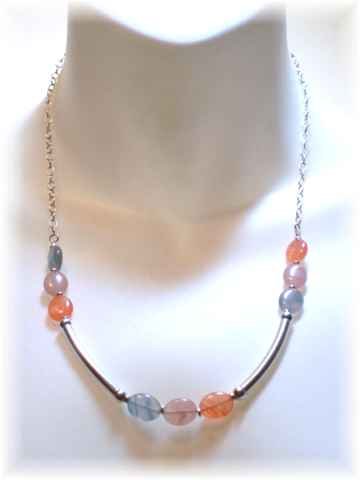 Blue & Peach Czech Glass & Sterling Silver Necklace