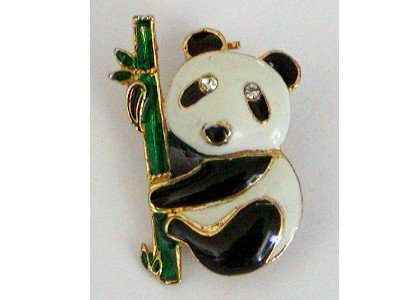 Enamel Panda Bear on Bamboo Stalk Pin, Rhinestone Eyes