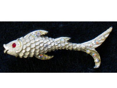 Gold tone Fish Pin, Aurora Borealis Rhinestones, Nautical