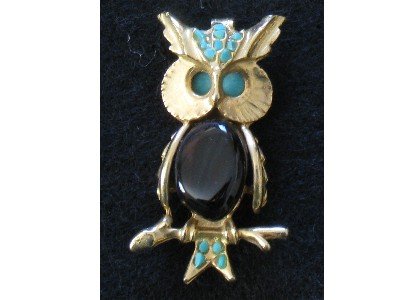 Owl Pin, Turquoise-tone & Polished Stones, Gold tone Bird