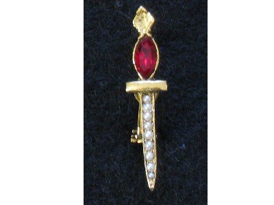 Dagger Pin, Imitation Seed Pearls, Red Rhinestone, Knife