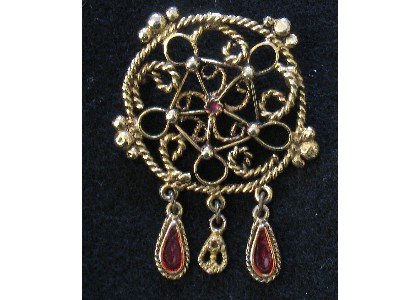 Dream Catcher Gold tone Pin, Red Enamel Dangles, Brooch