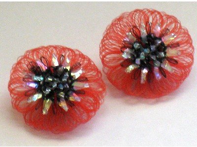 Vintage Clip Earrings, Red, Black, Iridescent Round