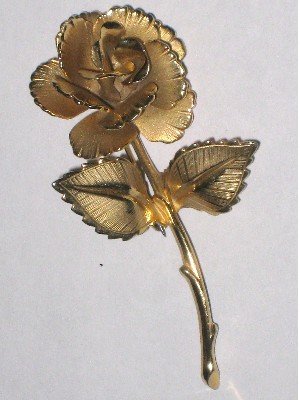 Gold tone Long Stem Rose Pin, Brooch, Matte and Polished Textures