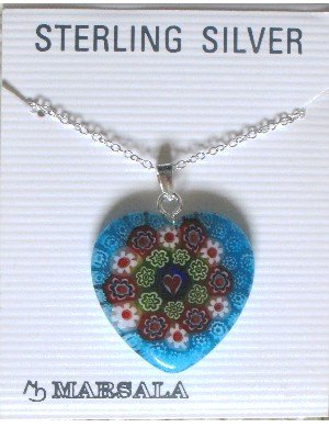NEW Marsala Heart Necklace, Millefiori-type, Sterling Silver Chain