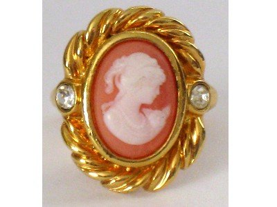 Cameo Ring, Rhinestones, Gold-tone Frame, Sz. 7.5, Signed Costume Jewelry