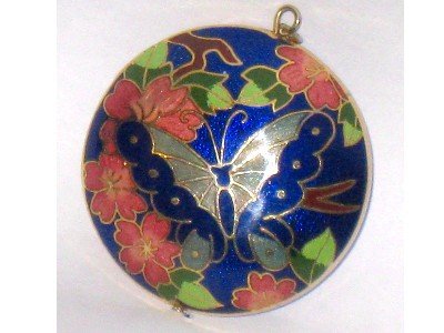 Butterfly Cloisonne Round Pendant, Cobalt Blue, 2 Sided