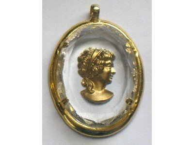Lucite? Faceted Framed Cameo Pendant, Gold tone Woman