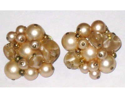 Trifari Imitation Pearl Cluster Earrings Clip On Champagne Color