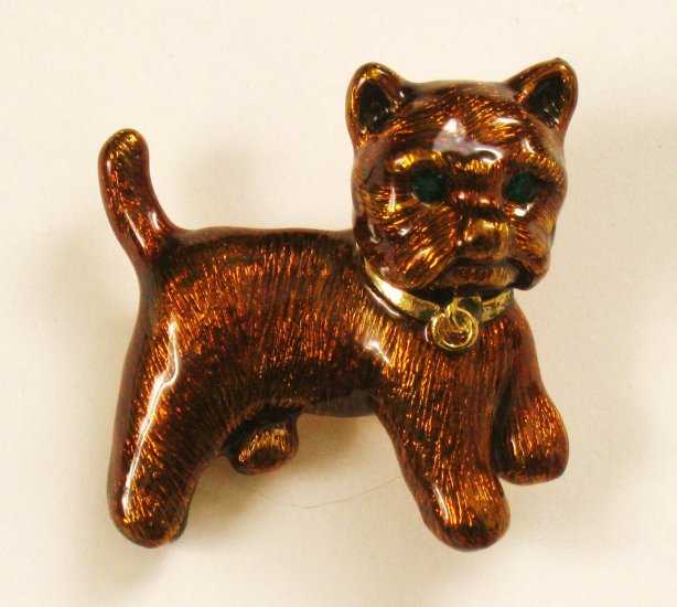 Cute Brown Enamel Dog Pin, Green Rhinestone Eyes, Terrier?
