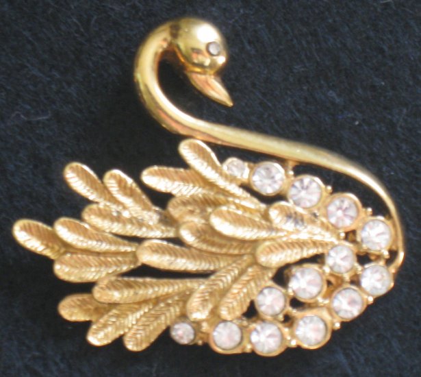 Graceful Swan Pin, Rhinestone, Gold tone Bird