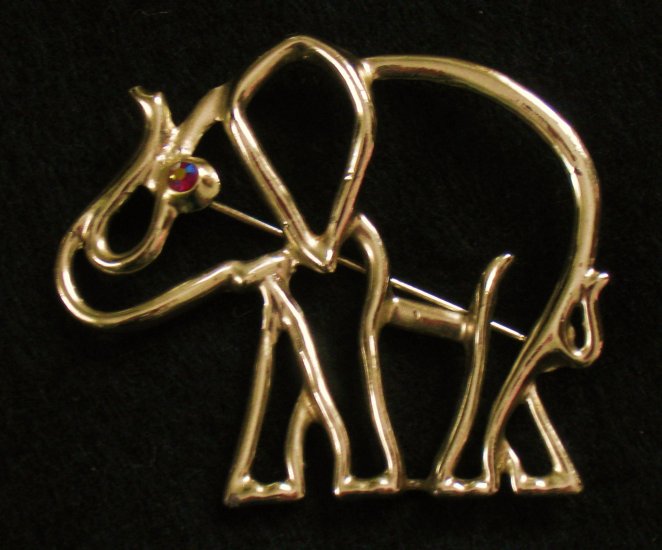 Gold tone Elephant Pin, Red Aurora Borealis Rhinestone
