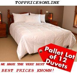Pallet of 12 x 90% Down Feather Queen Duvet + 2 Feather Pillows