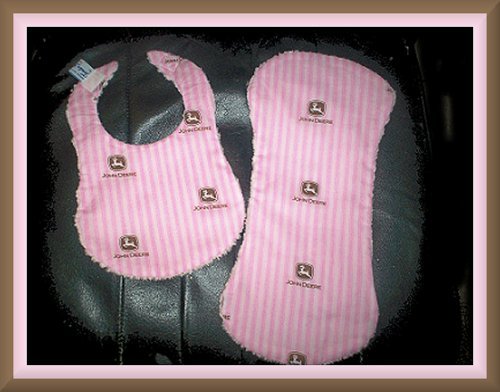 Boutique Baby Shower Gift Set in Pink John Deere Cotton & Chenille 1 Bib & 1 Burp