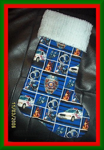 Handmade Christmas Stocking Policeman Police Car with Chenille FREE US AND CANADA SHIPPING