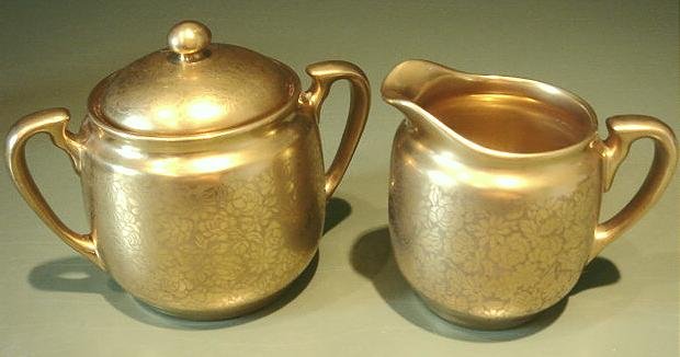 Vintage Pickard Gold Overlay on Porcelain Sugar & Cream Pitcher