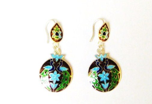 Peacock Enameled Sterling Silver Ear Rings