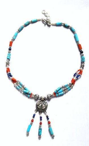 TQ006 Turquoise, Lapis Lazuli and Coral Necklace in Sterling Silver