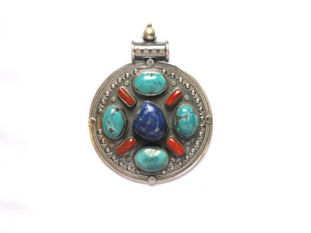 TB001 Tibetan Turquoise Coral and Lapis Lazuli Pendant