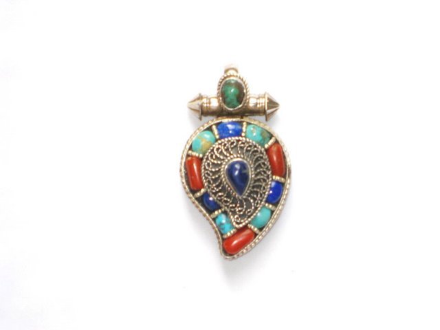 TB002 Tibetan Turquoise Coral and Lapis Lazuli Pendant