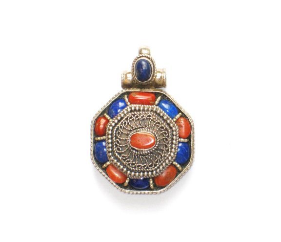 TB004 Tibetan Lapis Lazuli and Coral Pendant in Sterling Silver
