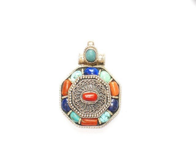 Tibetan Turquoise Coral and Lapis Lazuli Pendant