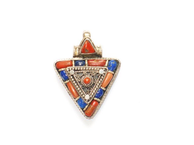 TB008 Tibetan Lapis Lazuli and Coral Pendant in Sterling Silver