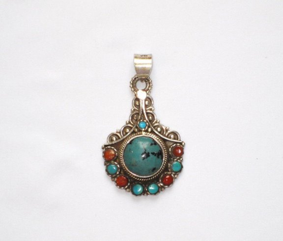 Tibetan Coral and Turquoise Pendant in Sterling Silver