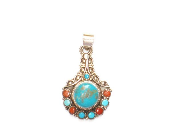 TB013 Tibetan Coral and Turquoise Pendant in Sterling Silver