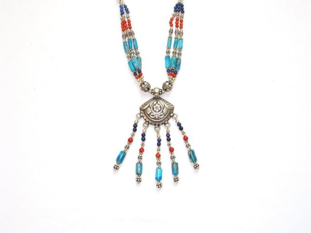 Tibetan Turquoise Coral and Lapis Lazuli Necklace in Sterling Silver