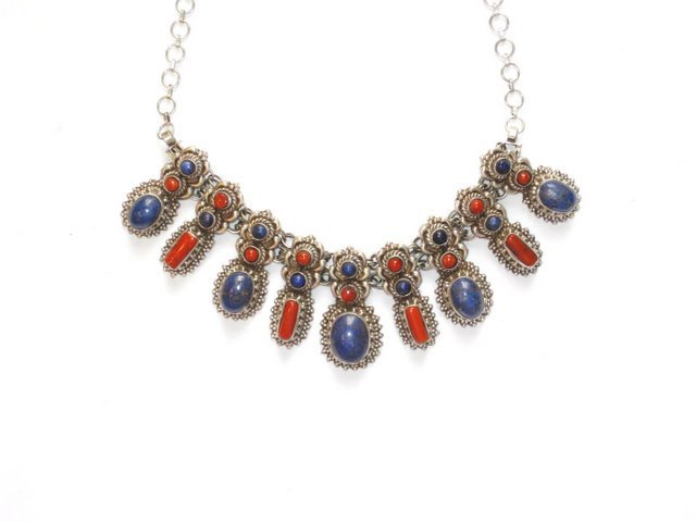 Tibetan Lapis Lazuli and Coral Necklace in Sterling Silver