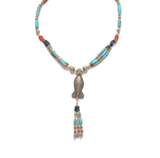 TB018 Tibetan Turquoise Coral and Lapis Lazuli Necklace in Sterling Silver