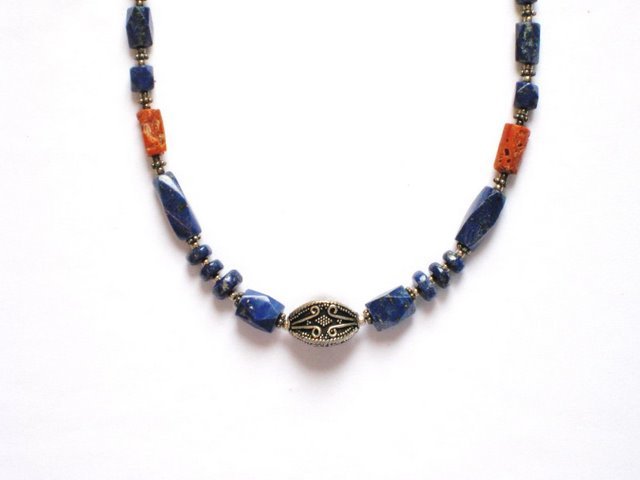 TB019 Lapis Lazuli and Coral Necklace in Sterling Silver