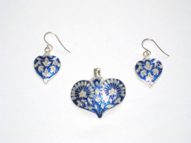 Enameled Pendant and Earrings Set in Sterling Silver