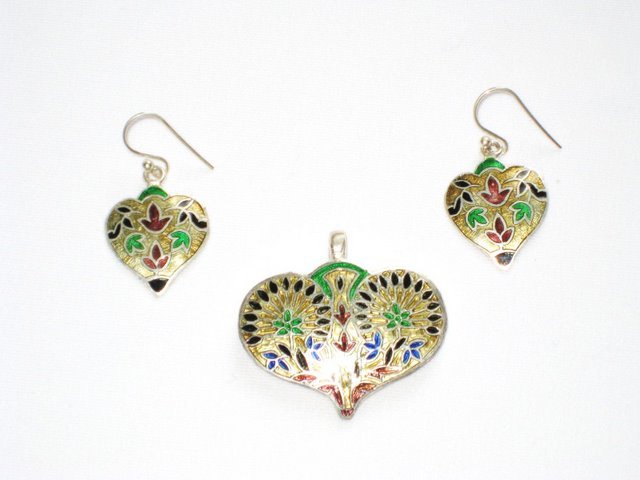 Enameled Pendant and Earrings Set in Sterling Silver