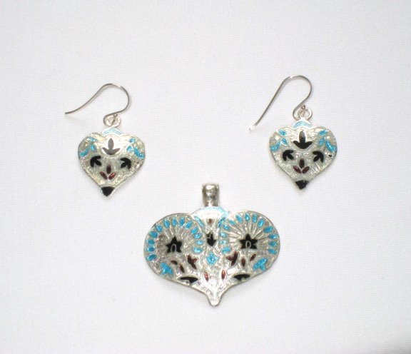 Enameled Pendant and Earrings Set in Sterling Silver
