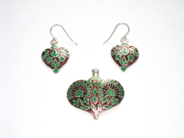Enameled Pendant and Earrings Set in Sterling Silver