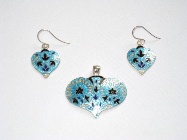 Enameled Pendant and Earrings Set in Sterling Silver