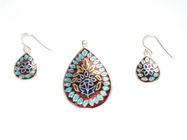 Enameled Pendant and Earrings Set in Sterling Silver