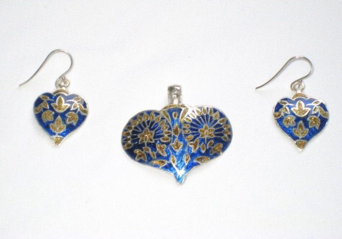 Enameled Pendant and Earrings Set in Sterling Silver