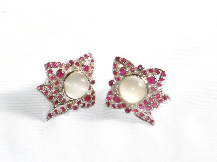 ER071 Cut Stone Opal and Ruby Earrings in Sterling Silver