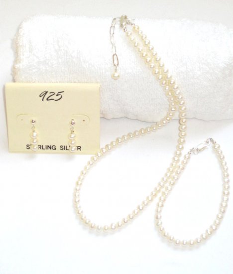ST308 Pearl Necklace, Bracelet and Earrings Set in Sterling Silver