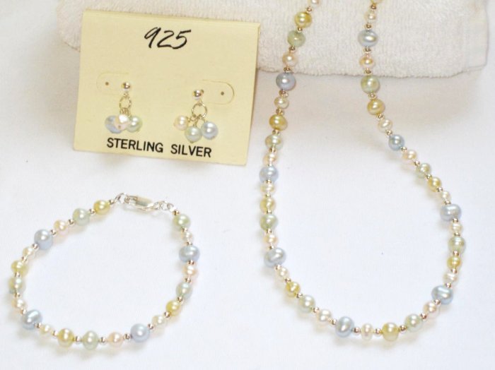 ST309 Pearl Necklace, Bracelet and Earrings Set in Sterling Silver