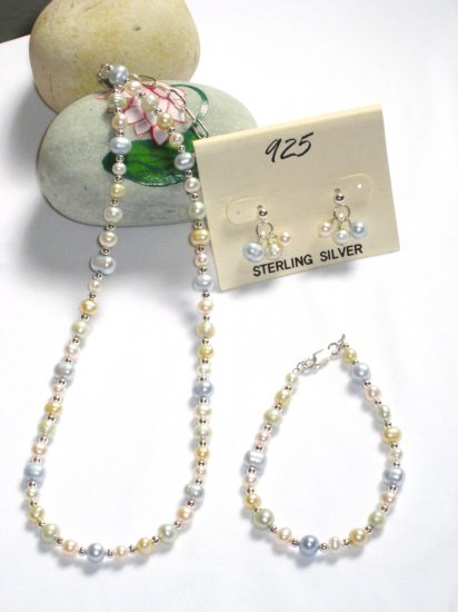 ST328 Pearl Necklace, Bracelet and Earrings Set in Sterling Silver