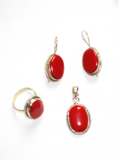 ER111 Coral Pendant, Ring and Earrings Set in Sterling Silver
