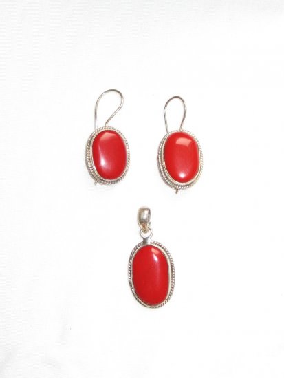 ER112 Coral Pendant and Earrings Set in Sterling Silver